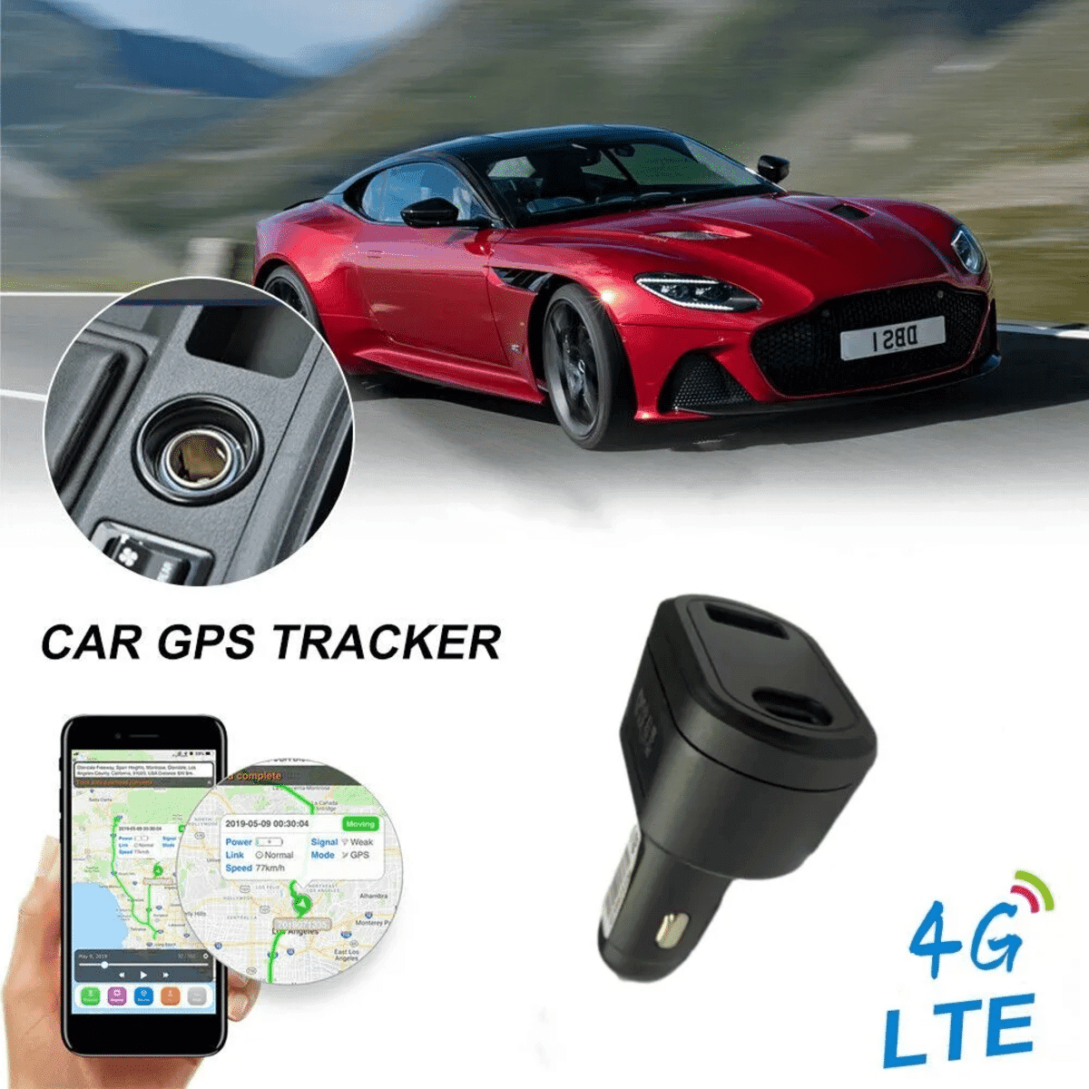 מטען רכב כפול USB עם GPS ומעקב דרך אפליקציה