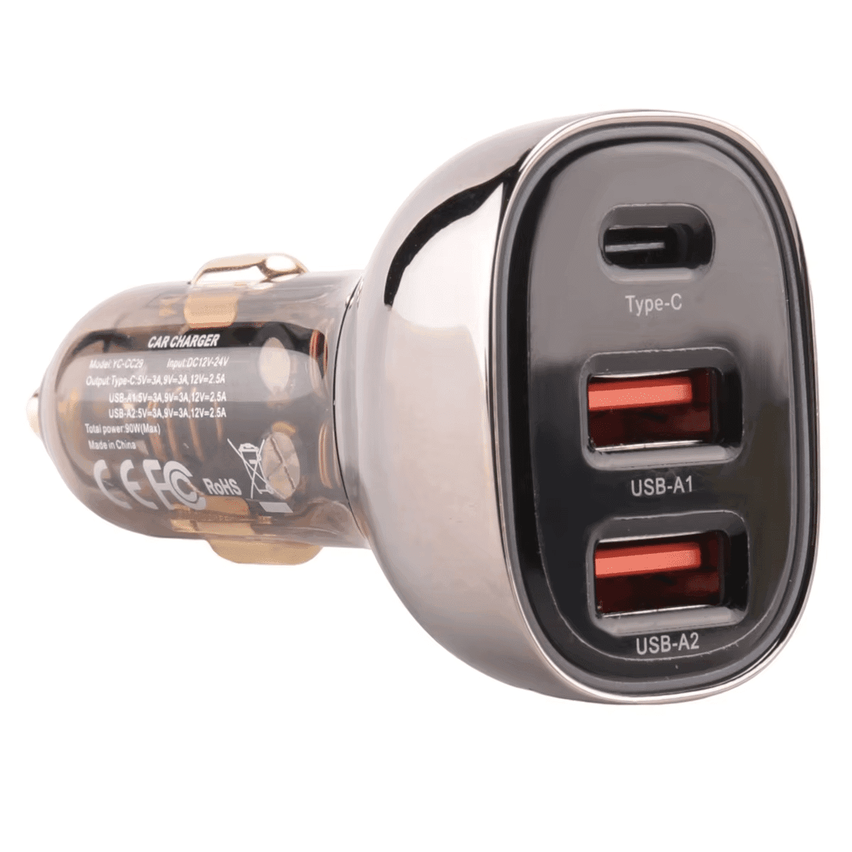 מטען רכב שקוף 3 יציאות USB עם תאורה עדינה
